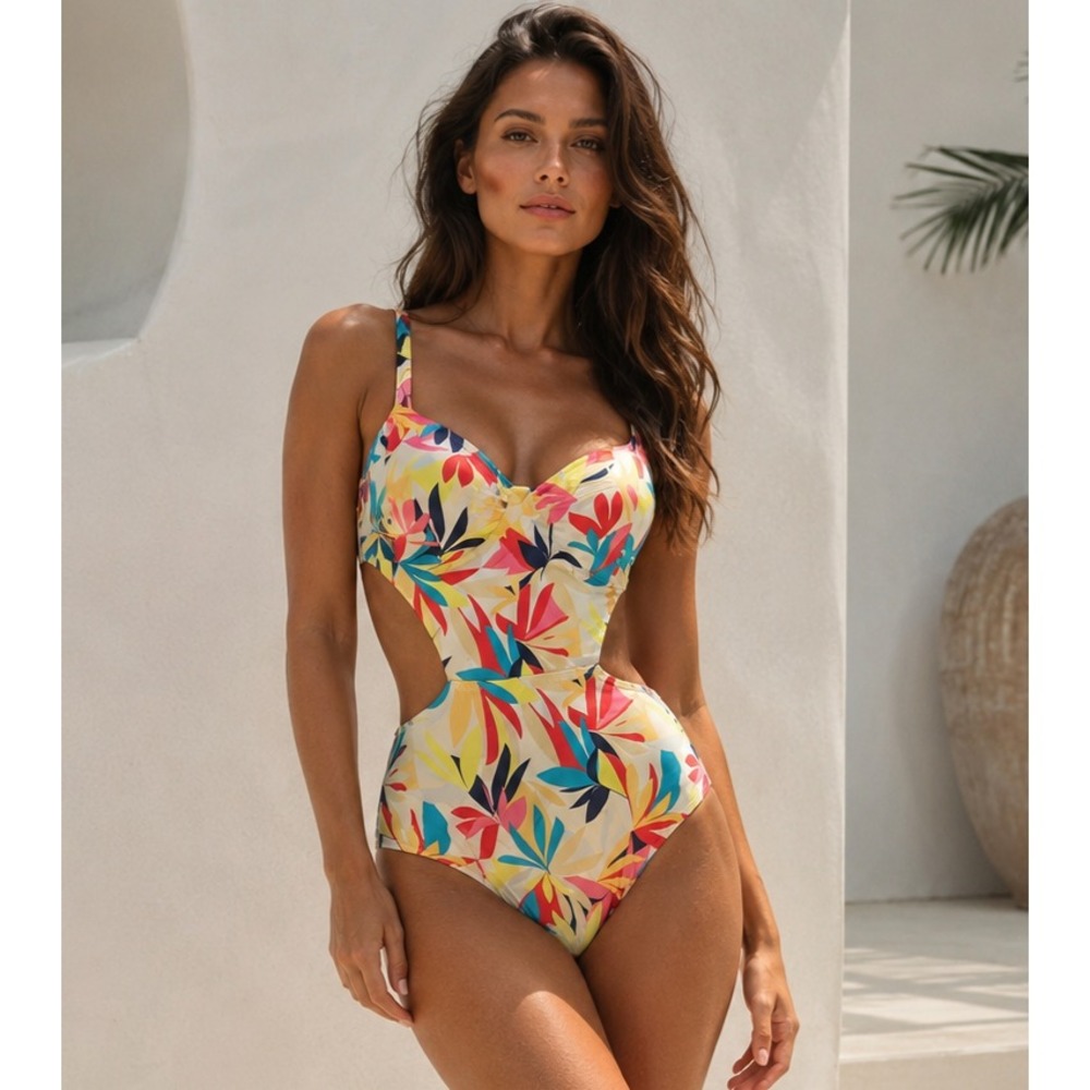 NEW BARE Size XL Underwire Cut Out One-Piece Swimsuit Tropical Print